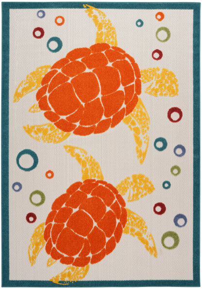 Teal-bordered decorative rug with two orange sea turtles and colorful circular rings on beige background