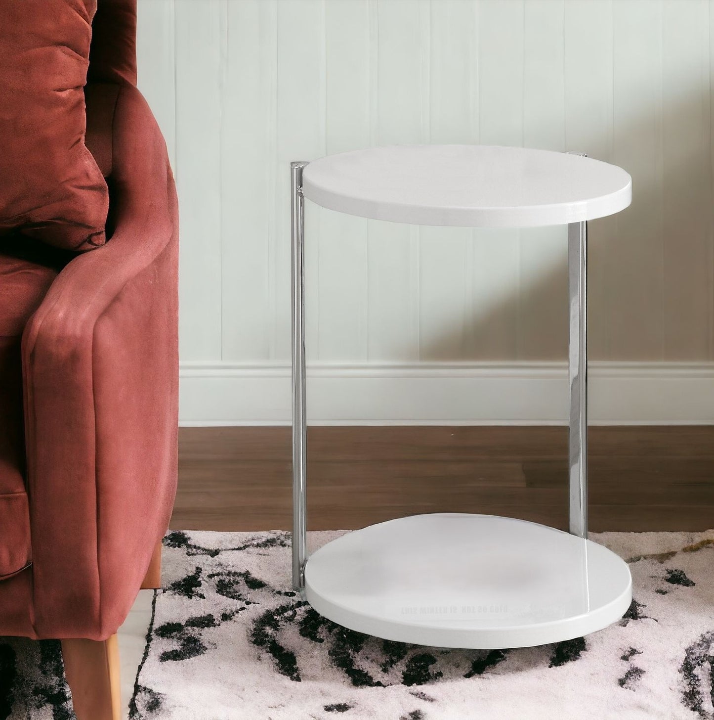 24" White Wood And Metal Round End Table With Shelf