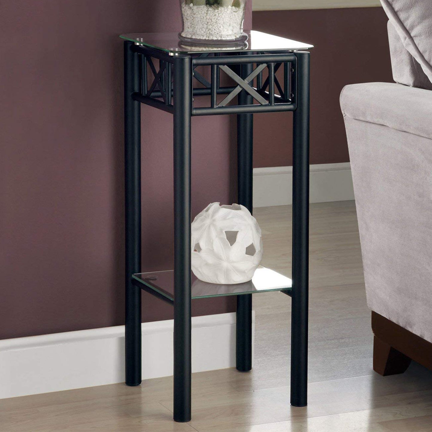 28" Black And Clear Glass And Metal Square End Table With Shelf