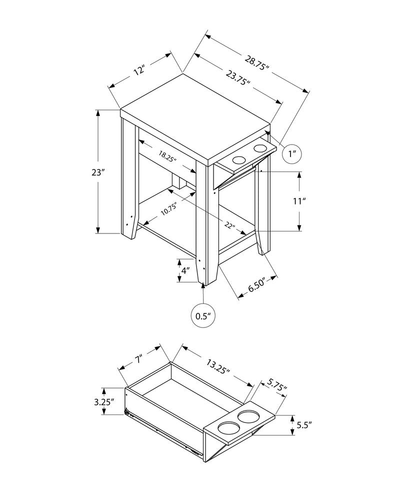 Brown wood end table with shelf, 23 inches wide
