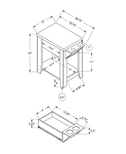Brown wood end table with shelf, 23 inches wide