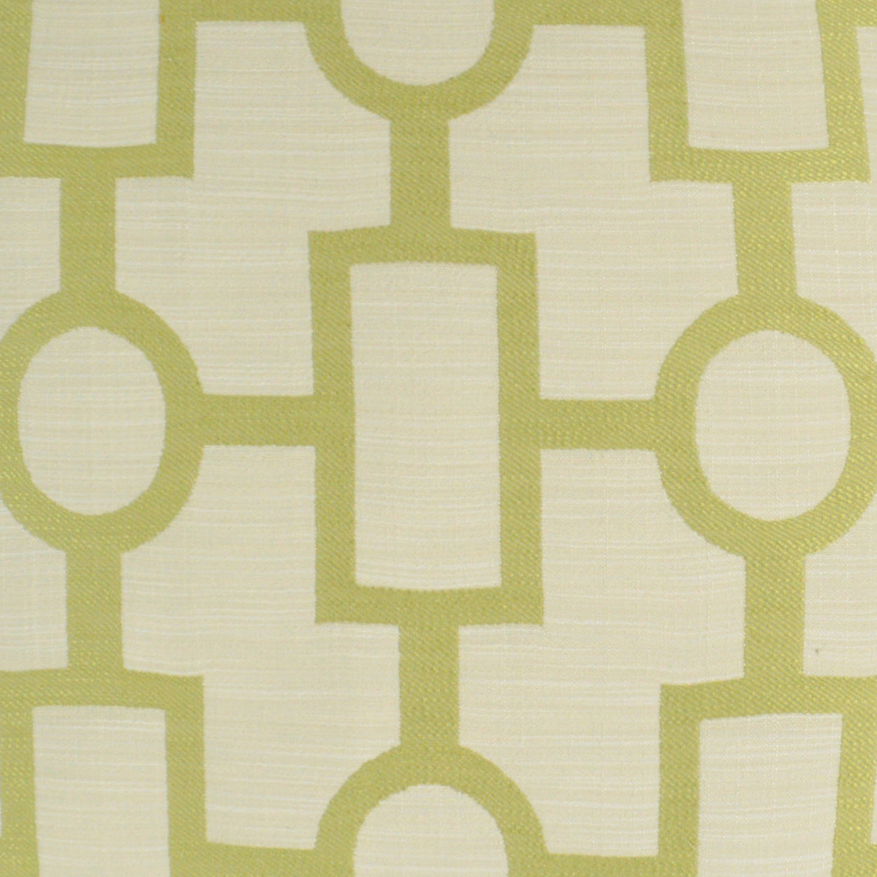 Beige fabric with olive green geometric lattice pattern of circles and rectangles, mid-century modern style.