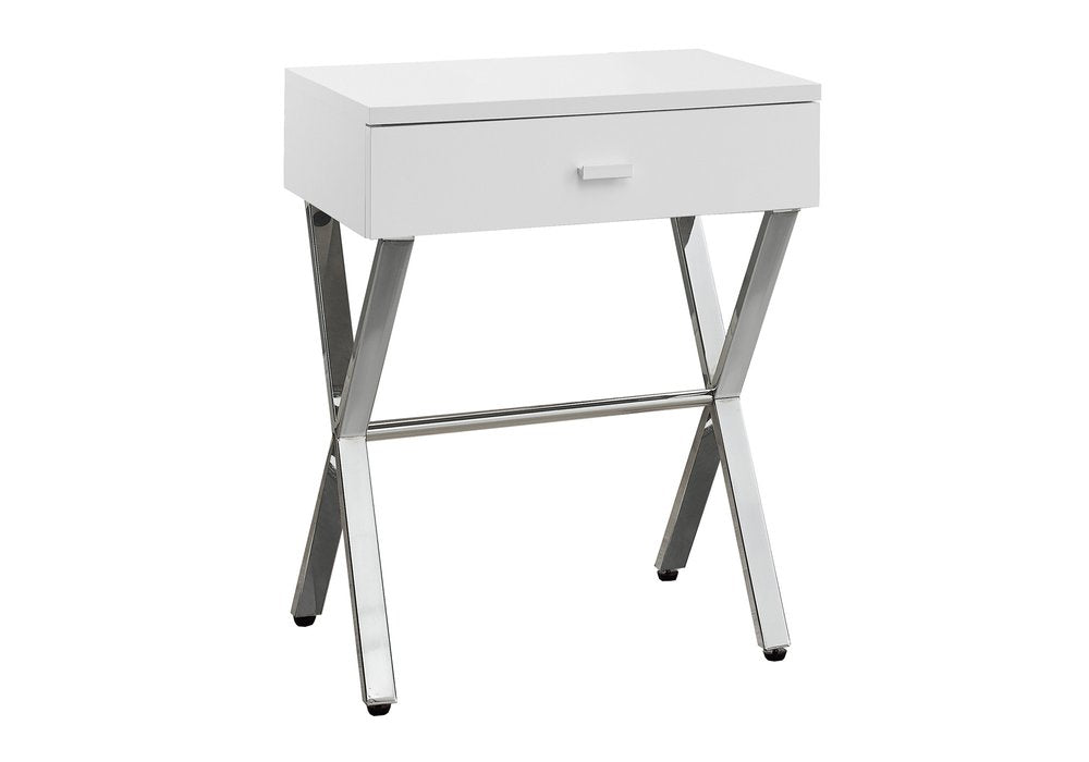 22" silver and white wood and metal end table with drawer