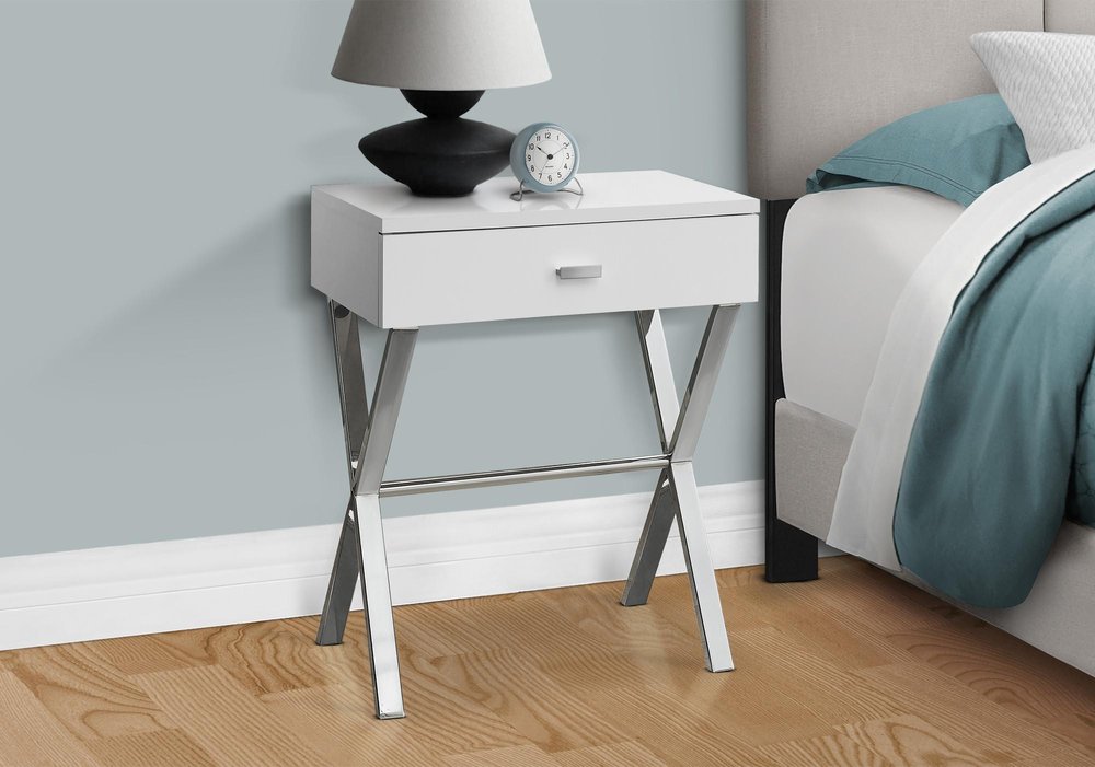 22" Silver And White Wood And Metal End Table With Drawer