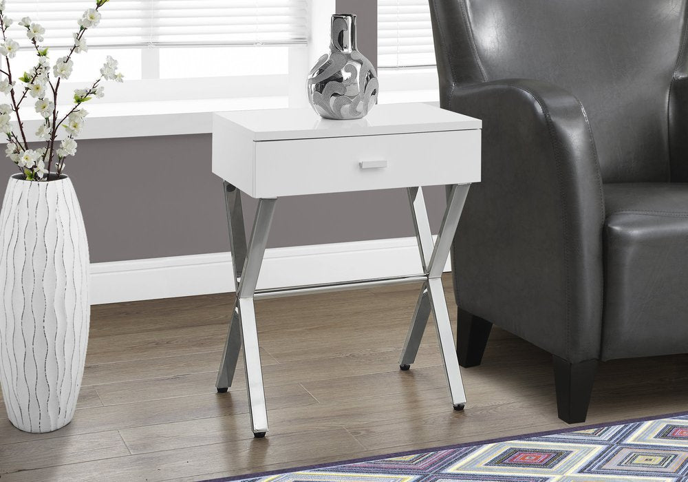 22" silver and white wood and metal end table with drawer
