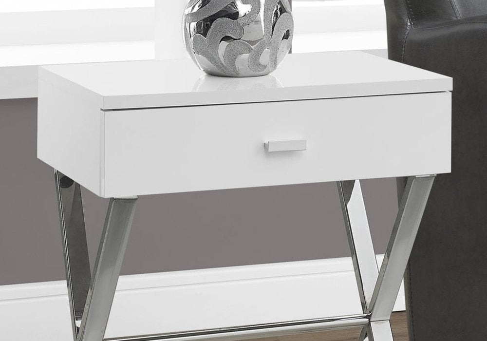 22" silver and white wood and metal end table with a drawer