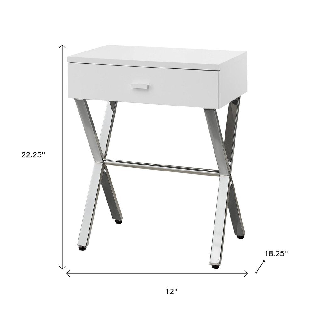 22" silver and white wood and metal end table with drawer