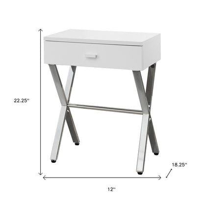 22" Silver And White Wood And Metal End Table With Drawer