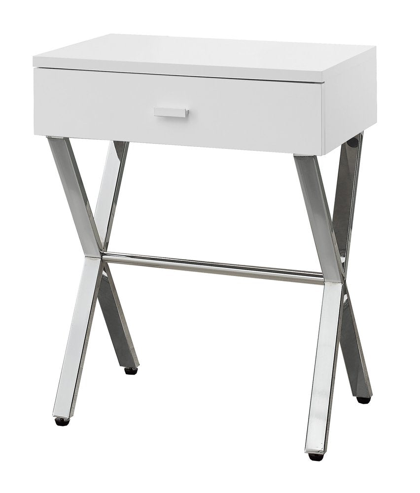 22" silver & white end table with a drawer; wood top & metal frame.