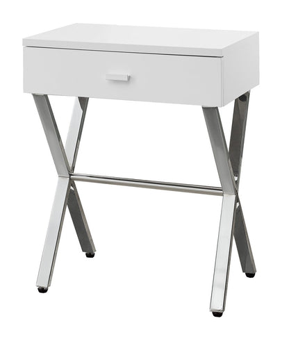 22" silver & white end table with a drawer; wood top & metal frame.