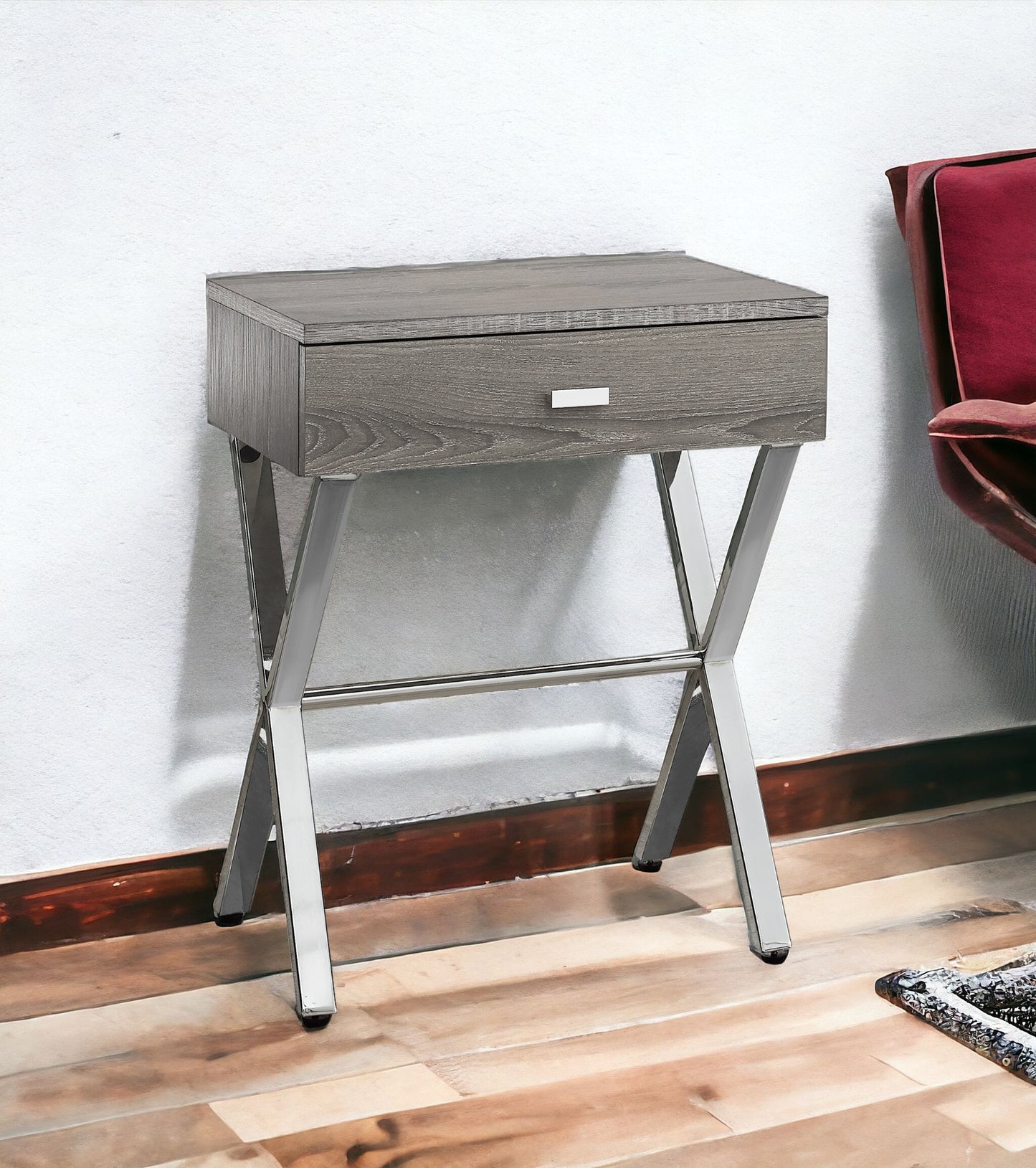 22" Silver And White Wood And Metal End Table With Drawer