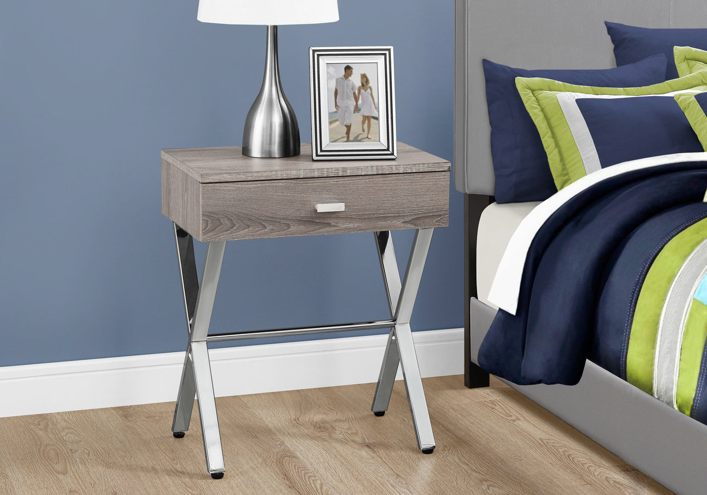 22" Silver And White Wood And Metal End Table With Drawer