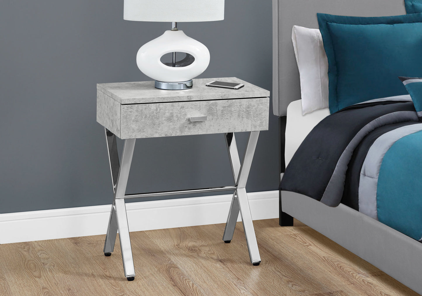 22" Silver And White Wood And Metal End Table With Drawer