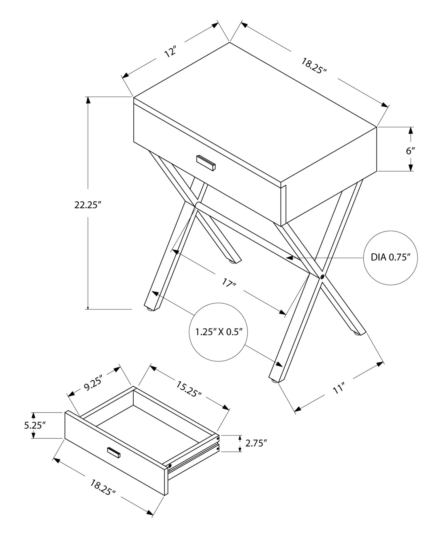 22" Silver And White Wood And Metal End Table With Drawer