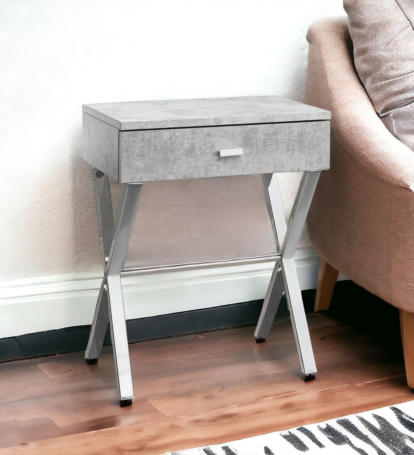 22" Silver And White Wood And Metal End Table With Drawer