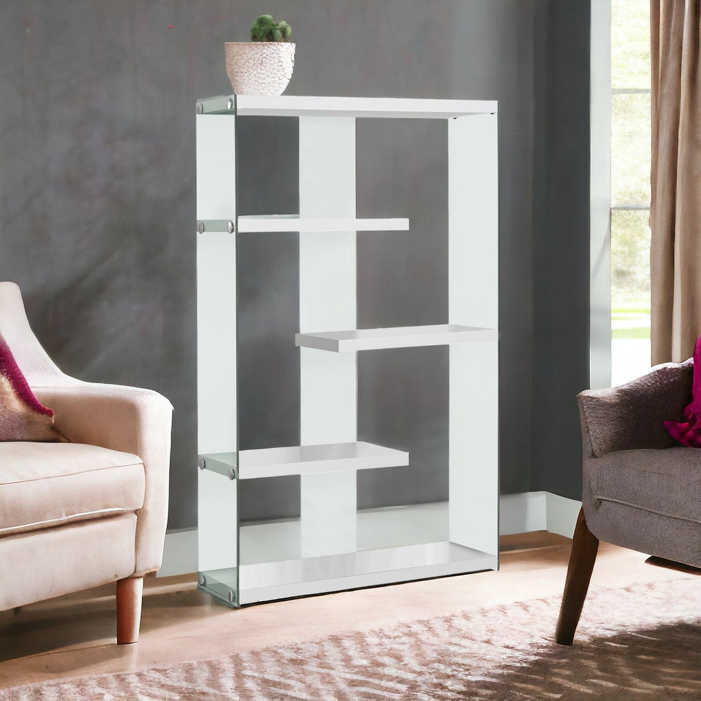 59" White Glass Four Tier Etagere Bookcase