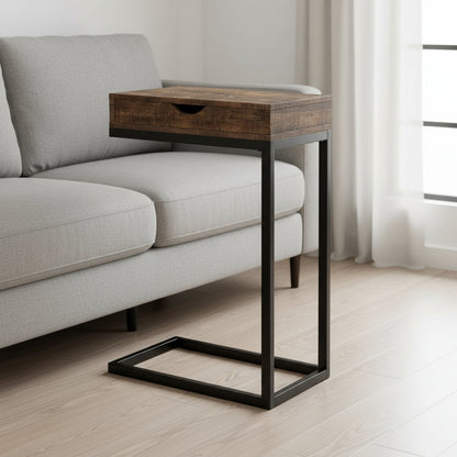 10.25" X 15.75" X 24.5" Grey Finish Drawer And Black Metal Accent Table