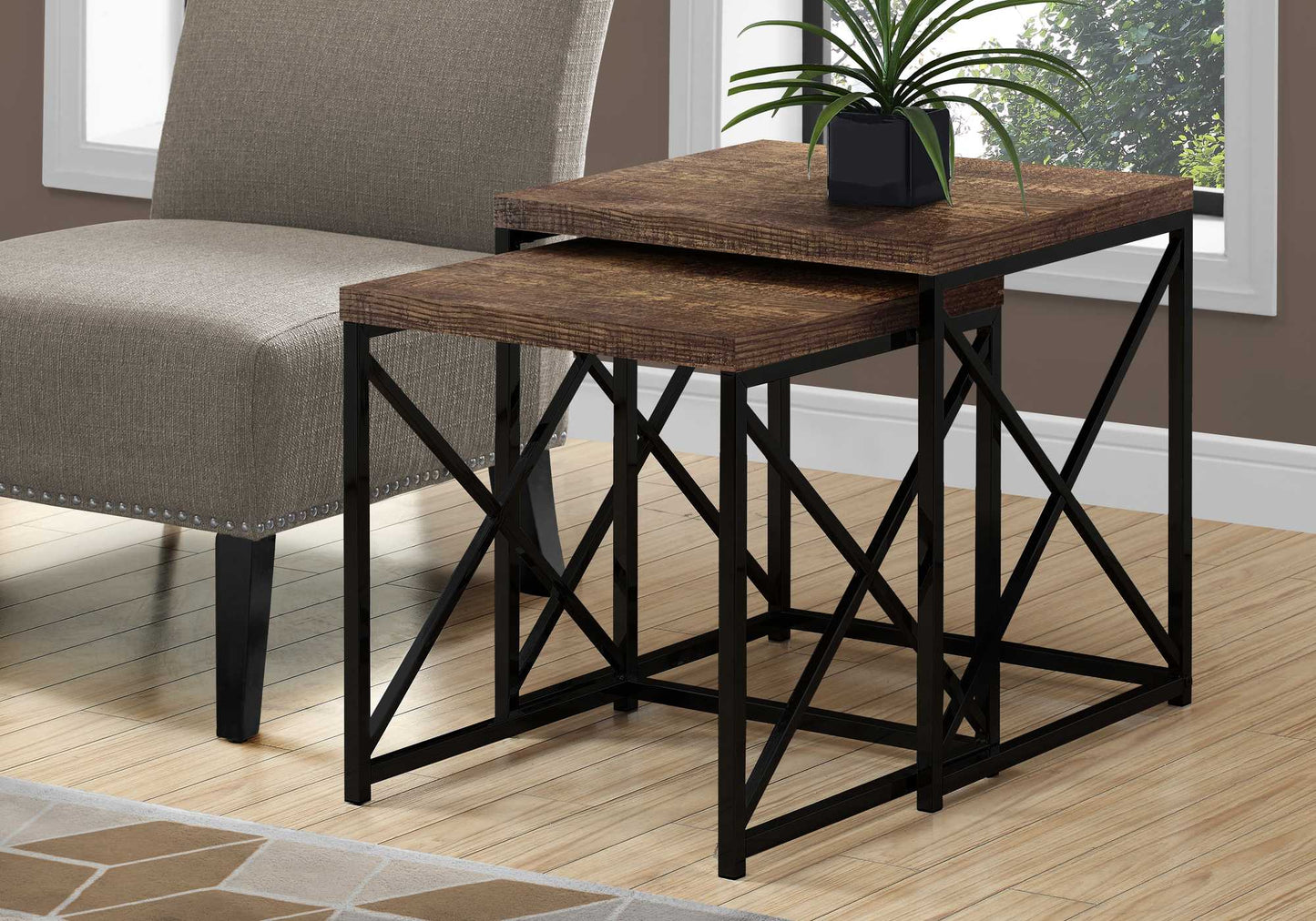 41" Black And Brown Wood And Metal Nested Tables