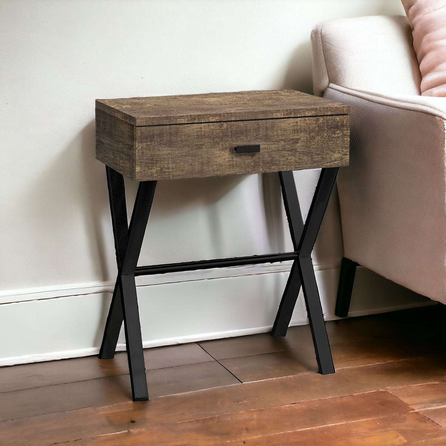 22" Silver And White Wood And Metal End Table With Drawer