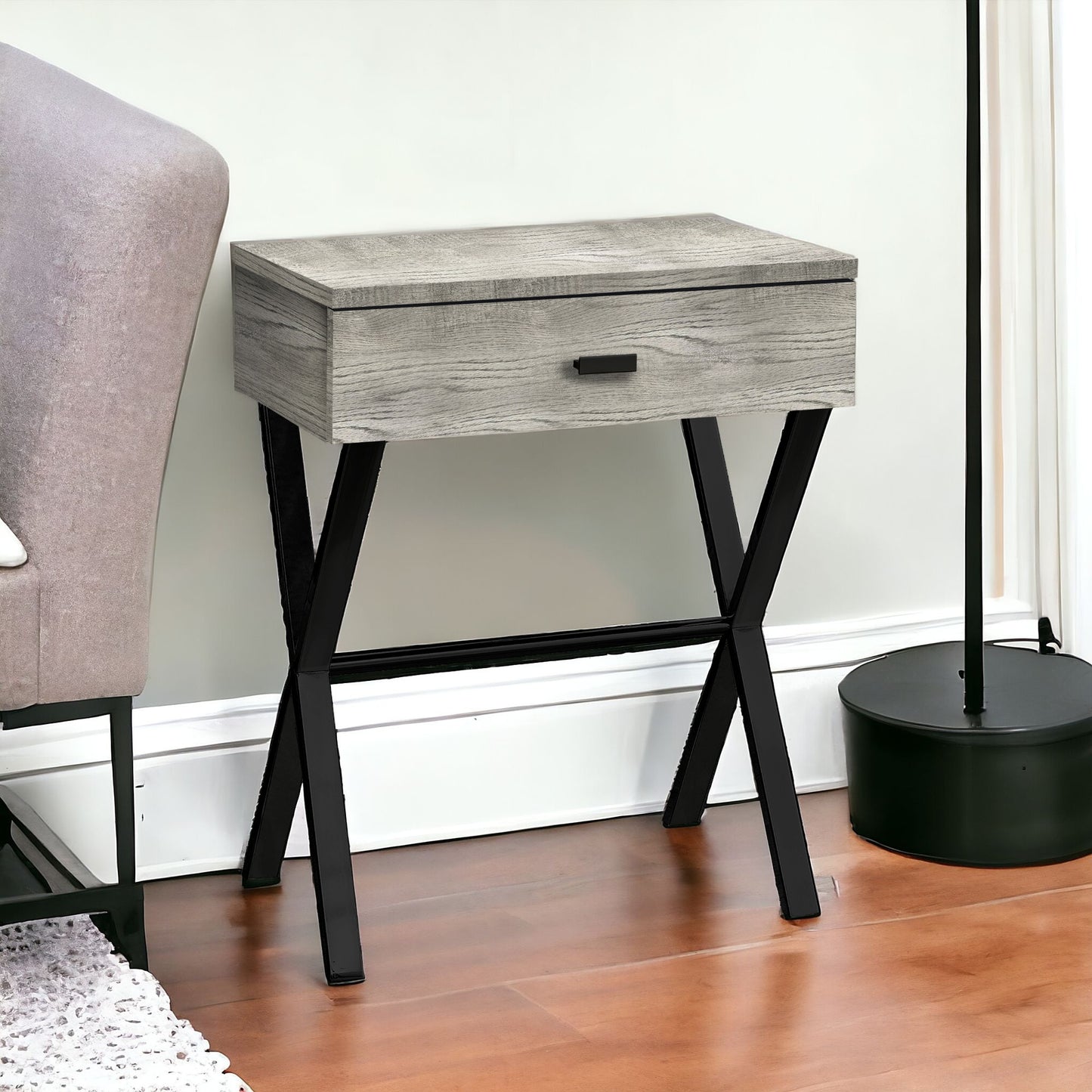 22" Black And Brown Wood And Metal End Table With Drawer