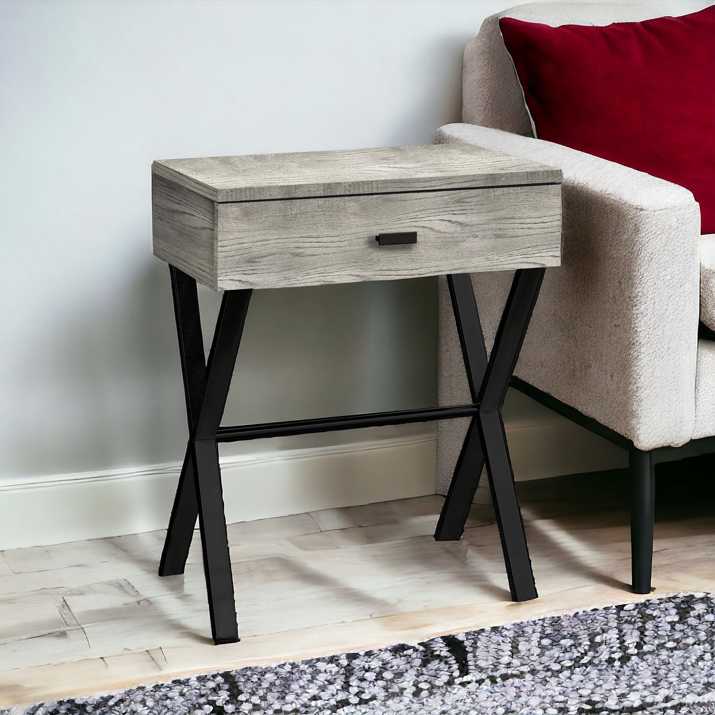 22" Black And Brown Wood And Metal End Table With Drawer