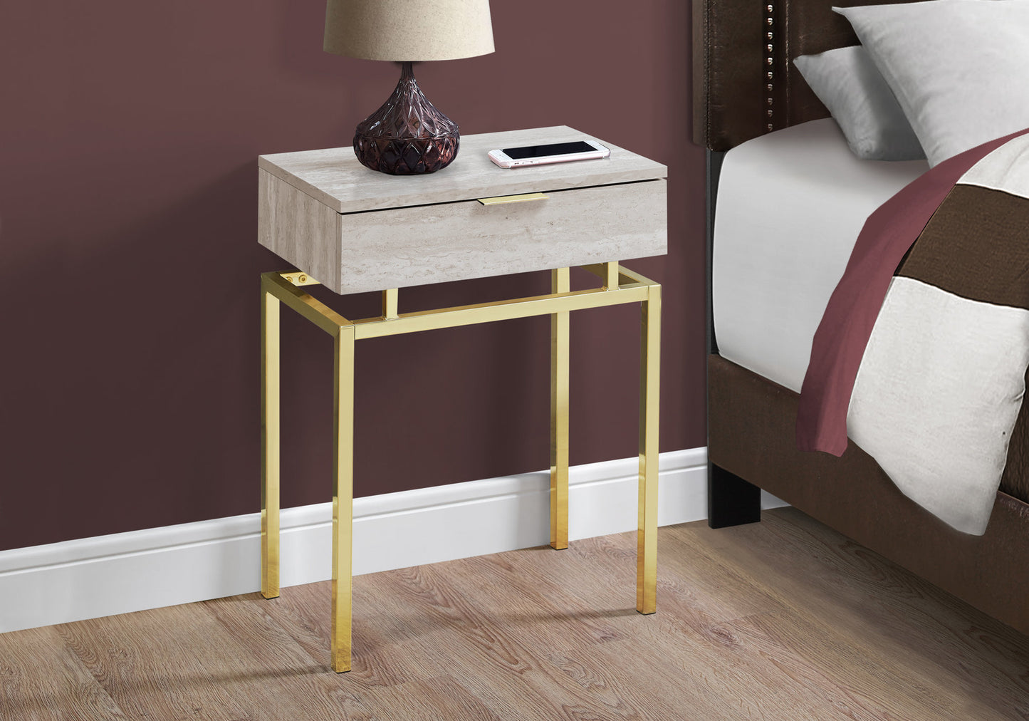 23" Silver And Deep Taupe Wood And Metal End Table With Drawer