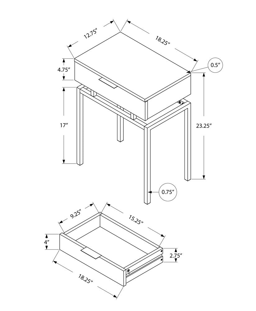 Line drawing of a rectangular end table with a drawer and lower shelf, four straight legs, with dimension arrows.