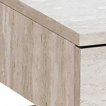 Gold & beige wood and metal end table with drawer, corner view showing textured veneer panels.