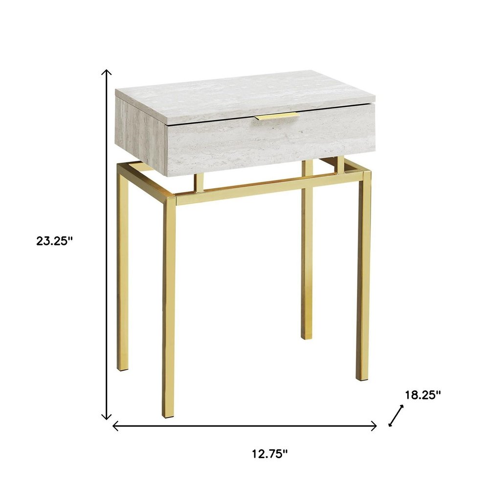 Gold metal frame end table with beige wood top and a single drawer with a gold handle.