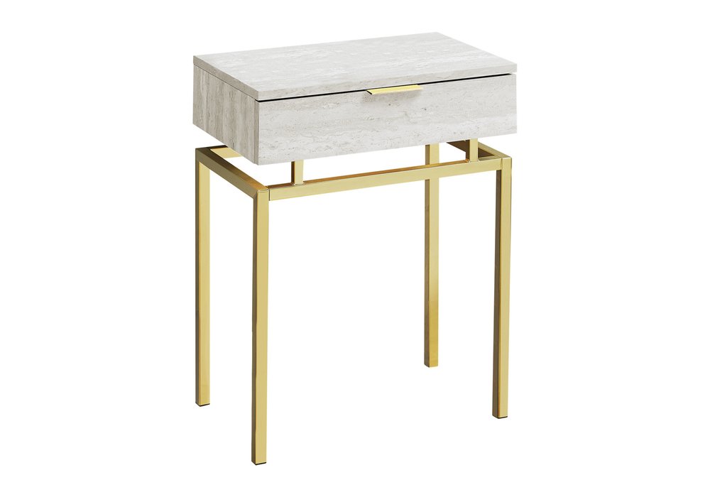 Light wood end table with a single drawer atop gold metal legs, modern glam design.