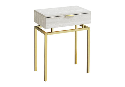 Light wood end table with a single drawer atop gold metal legs, modern glam design.
