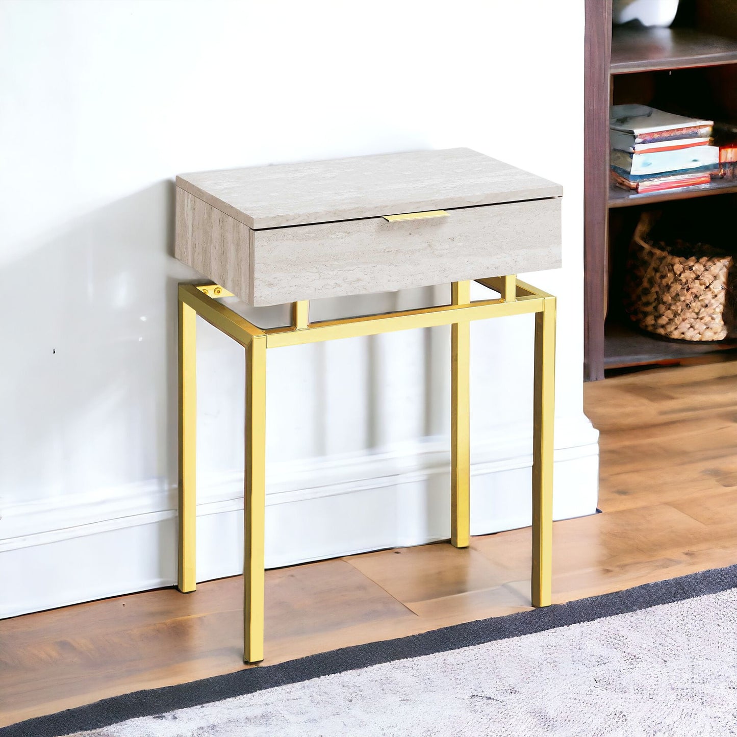 23" Silver And Deep Taupe Wood And Metal End Table With Drawer