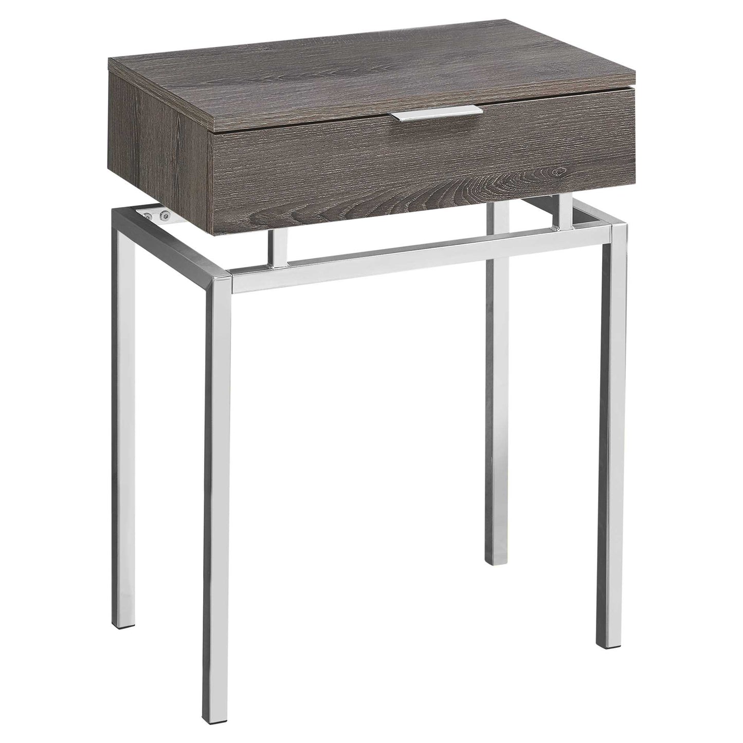 23" Silver And Deep Taupe Wood And Metal End Table With Drawer