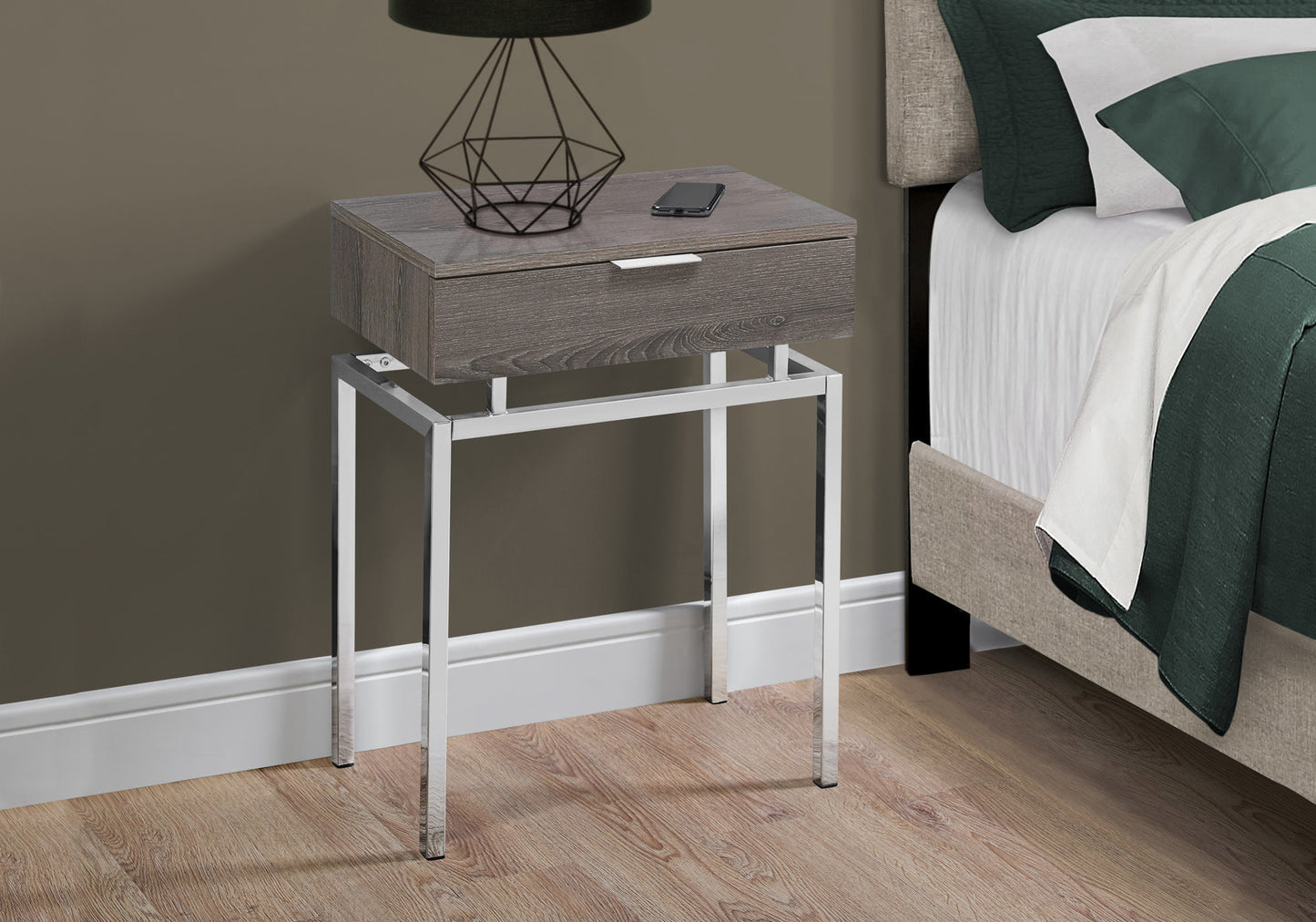 23" Silver And Deep Taupe Wood And Metal End Table With Drawer