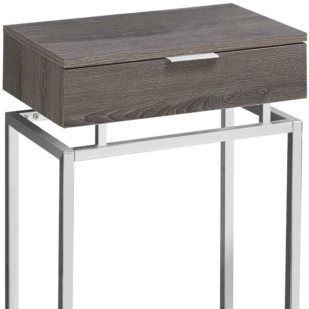 23" Silver And Deep Taupe Wood And Metal End Table With Drawer