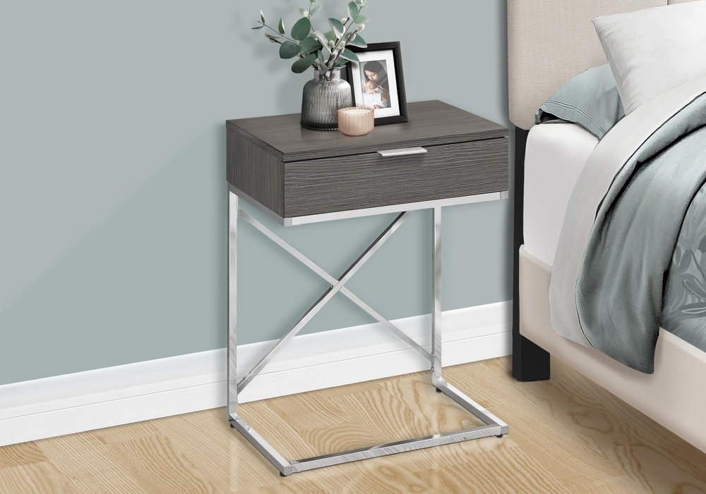 24" Gray And Silver Wood And Iron End Table With Drawer