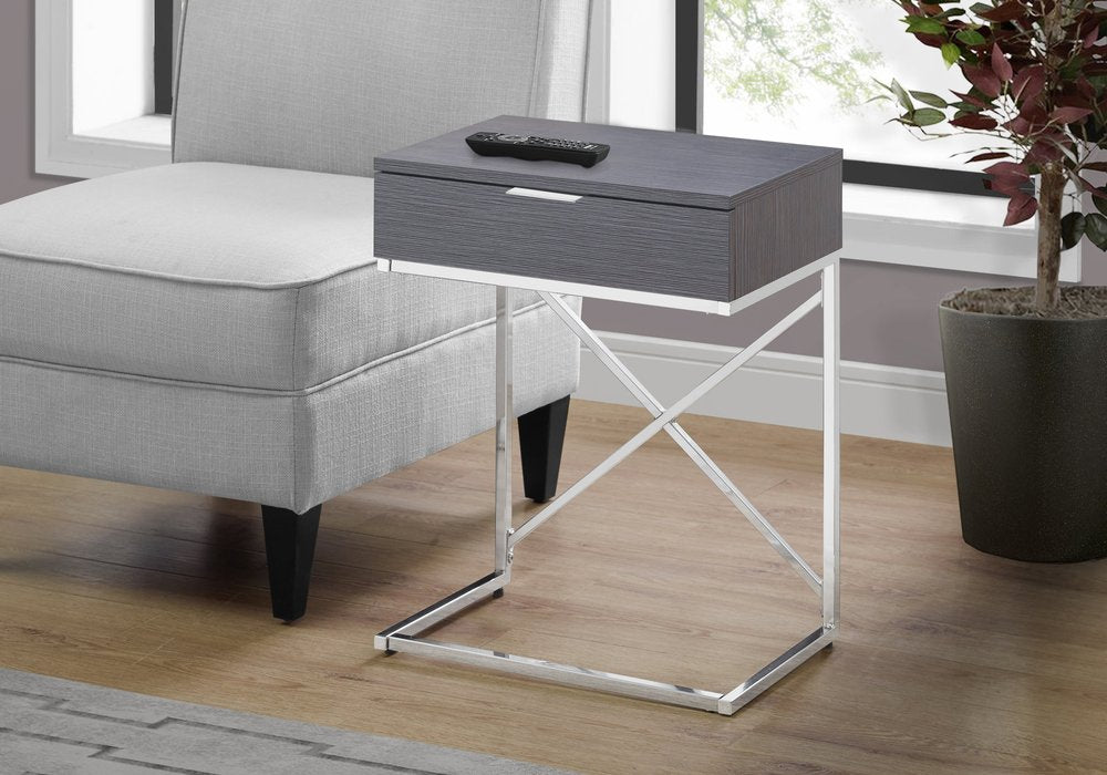 24" silver and gray wood and metal end table with drawer