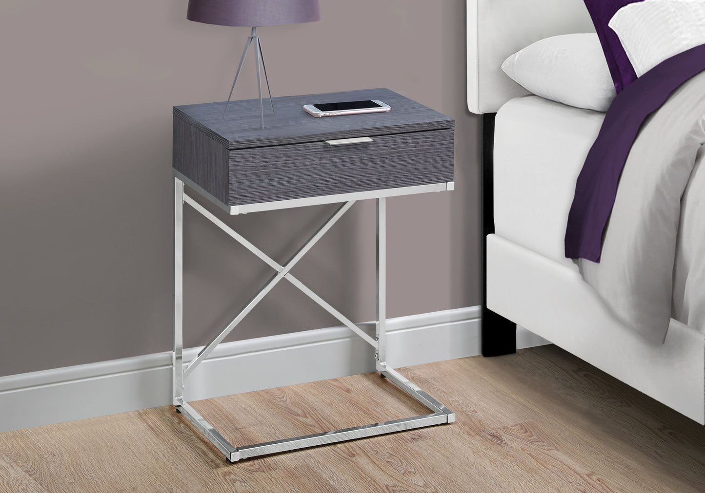 24" Silver And Gray Wood And Metal End Table With Drawer