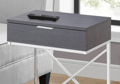 24" wide silver and gray wood and metal end table with a drawer