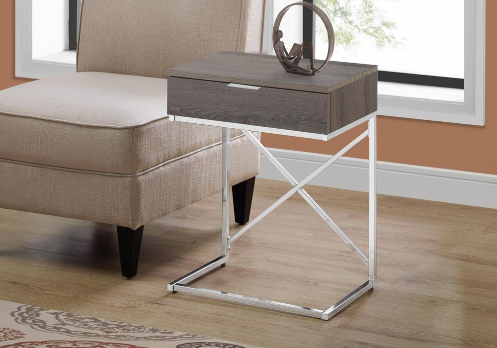 24" Gray And Silver Wood And Iron End Table With Drawer