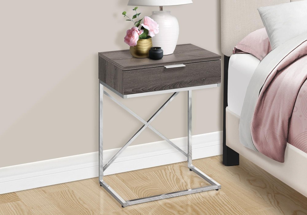 24" Gray And Silver Wood And Iron End Table With Drawer