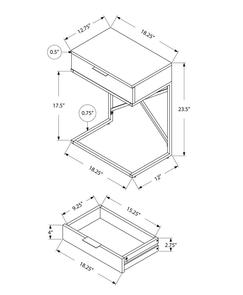24-inch silver and gray end table with a wood top, metal frame, and a drawer.
