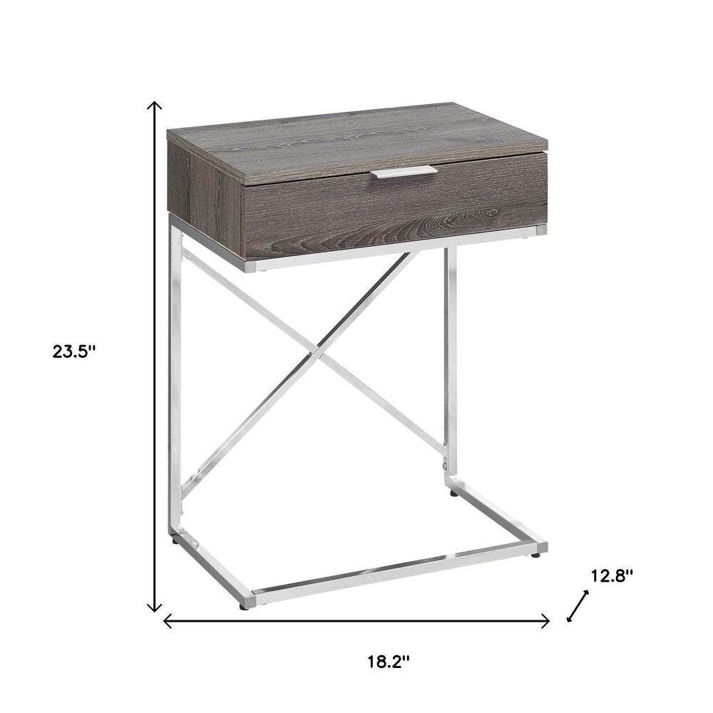 24" Silver And Gray Wood And Metal End Table With Drawer