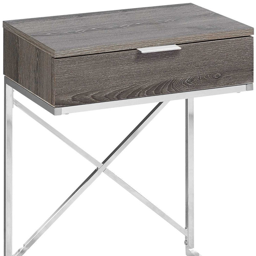 24" silver and gray wood and metal end table with drawer