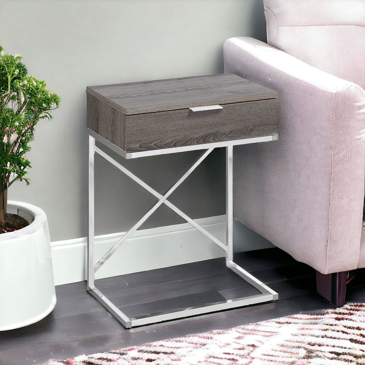 24" Silver And Gray Wood And Metal End Table With Drawer