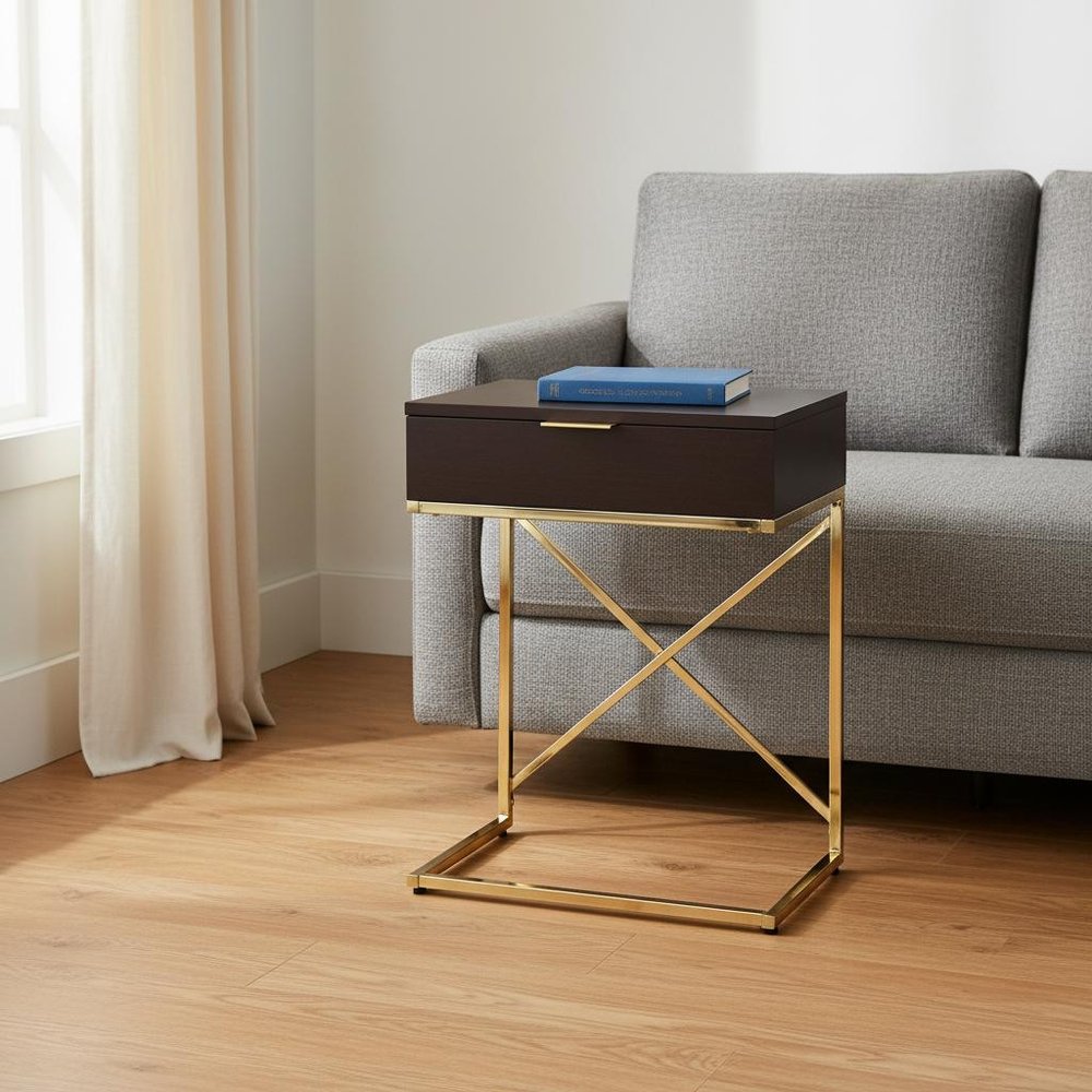 24" Black And Gold Wood And Iron End Table With Drawer
