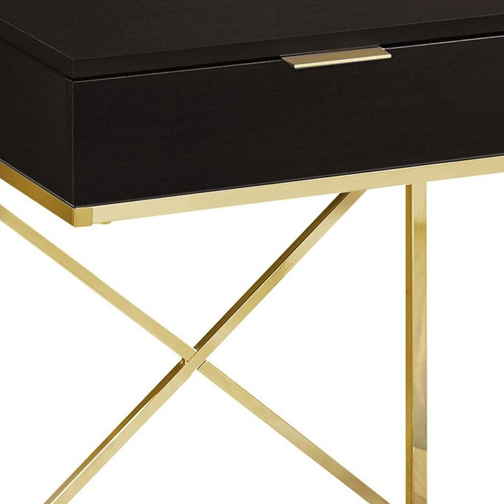 24" Black And Gold Wood And Iron End Table With Drawer