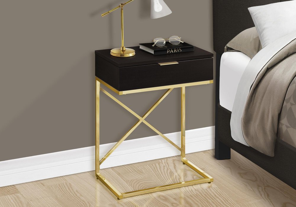 24" Black And Gold Wood And Iron End Table With Drawer