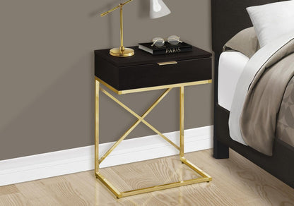 24" Black And Gold Wood And Iron End Table With Drawer