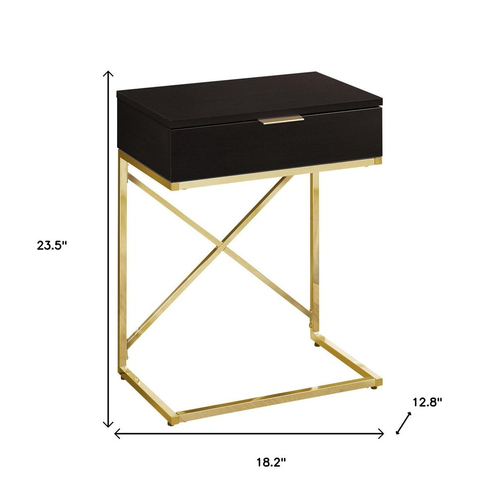 24" Black And Gold Wood And Iron End Table With Drawer